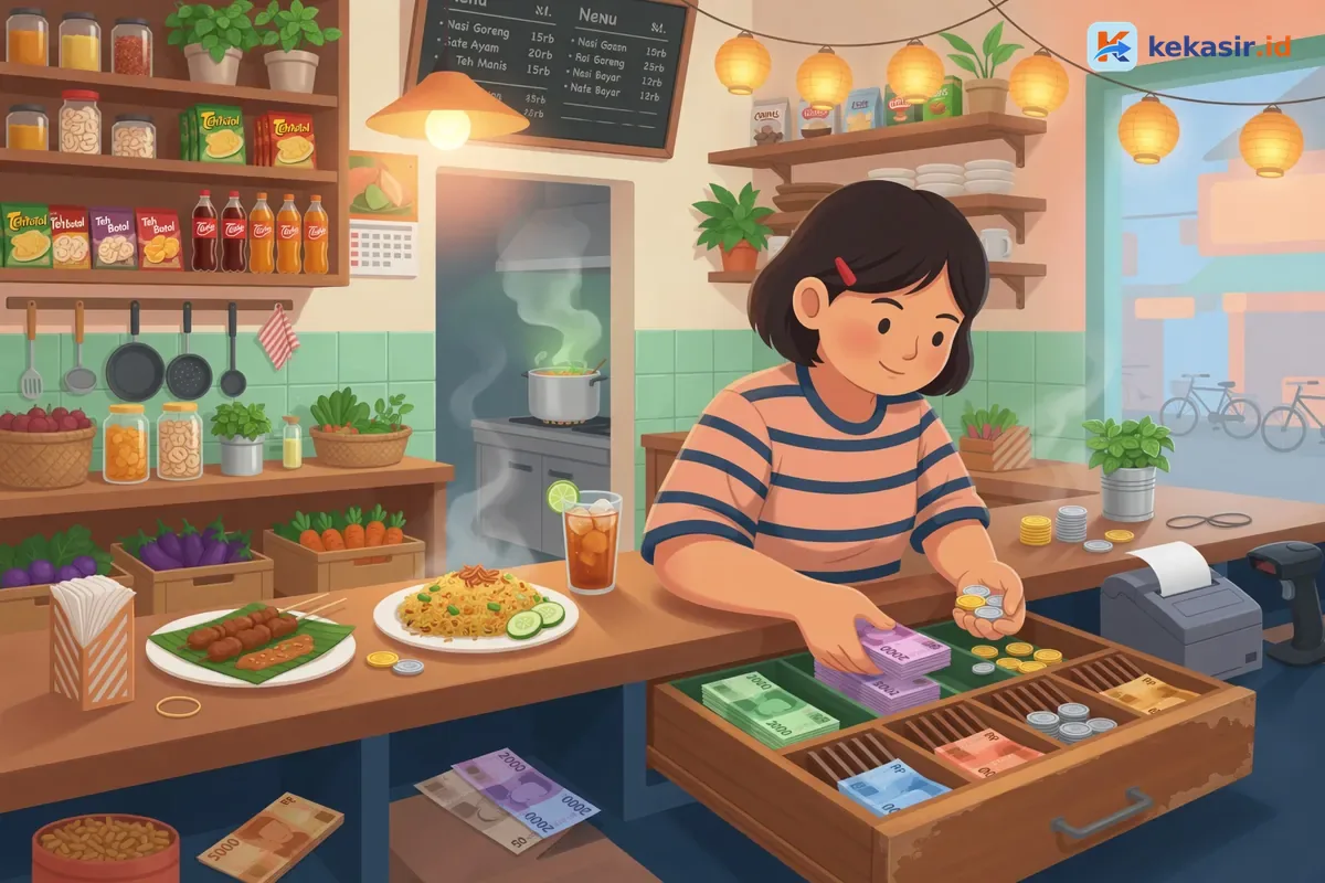 Ilustrasi pemilik warung sedang merapikan uang tunai di laci kasir