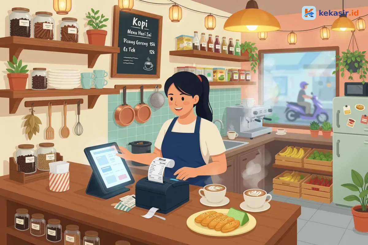 Suasana staf kafe mengoperasikan tablet kasir dengan printer thermal
