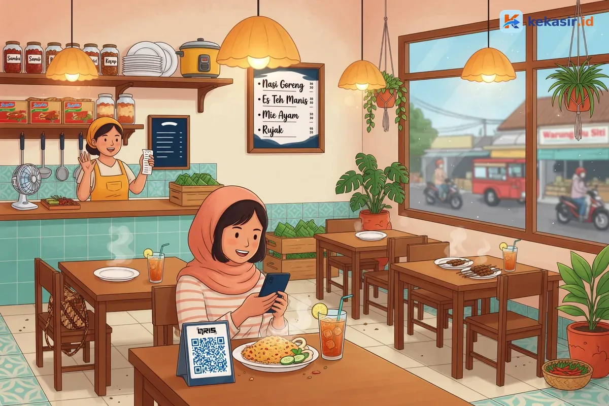 Pelanggan melakukan scan QRIS untuk membayar pesanan di meja makan