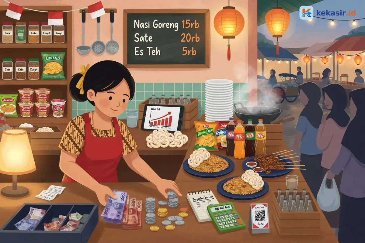 Ilustrasi kasir booth menghitung uang tunai di meja jualan area ramai