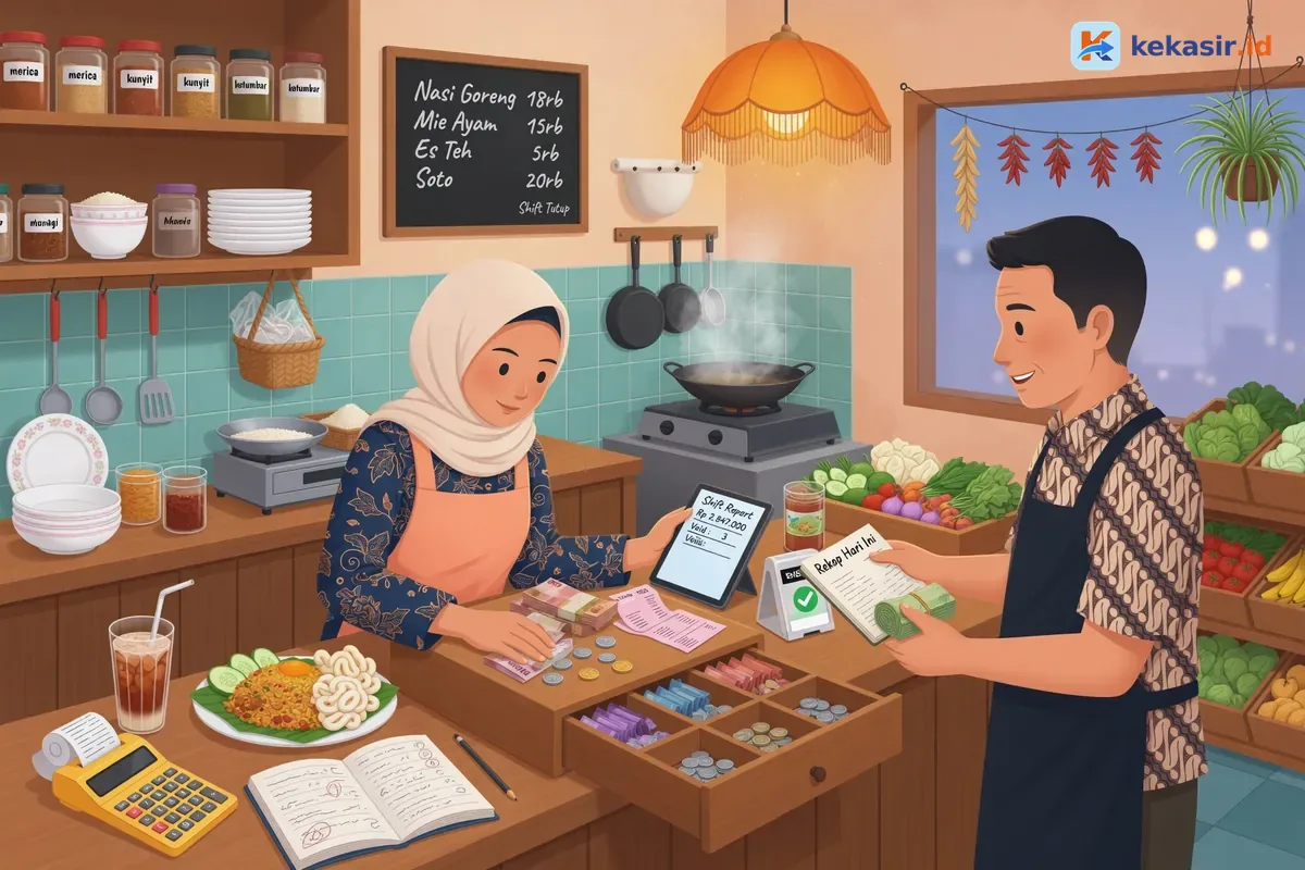 Ilustrasi serah terima shift kasir booth dengan hitung uang di laci