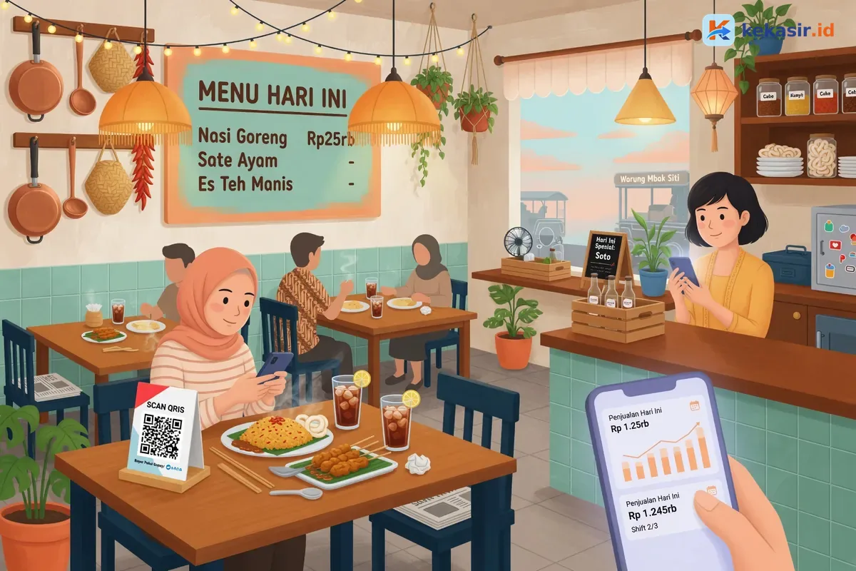 Ilustrasi pemilik booth kuliner cek laporan omzet dan rekap shift di HP