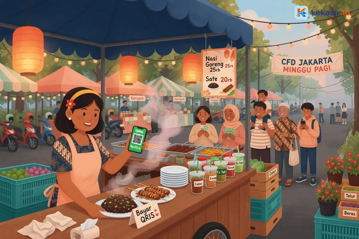 Ilustrasi suasana stand makanan di event dengan antrean pembeli