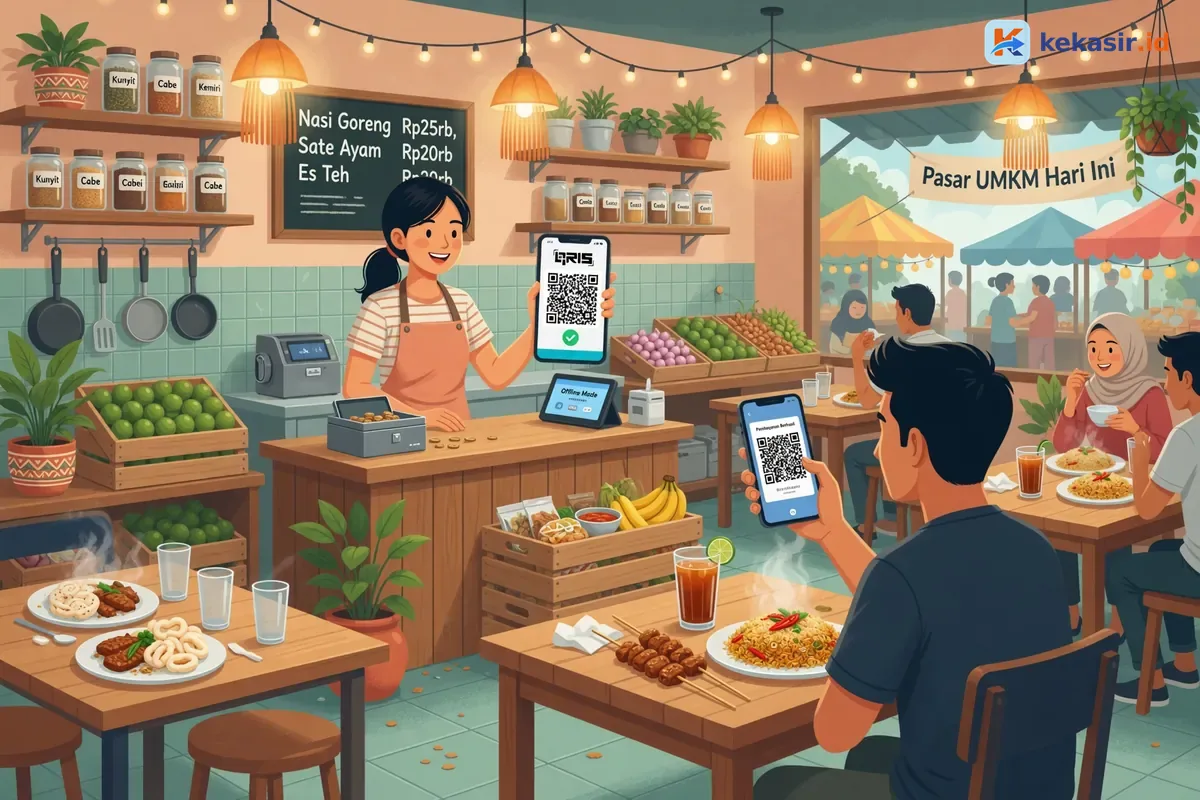 Ilustrasi pemilik stand menerima pembayaran QRIS lewat HP di lapak bazar