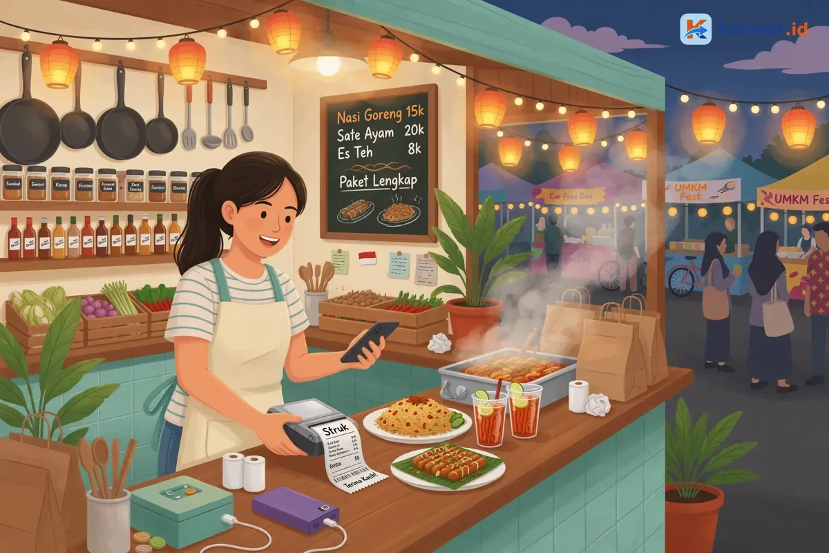 Ilustrasi staf stand makanan mencetak struk pakai printer thermal portabel