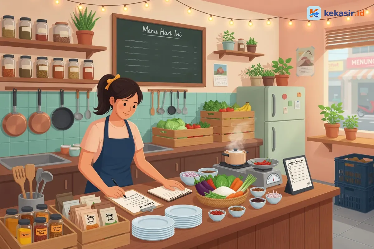 Ilustrasi pemula usaha kuliner merapikan checklist dan perlengkapan sebelum buka warung
