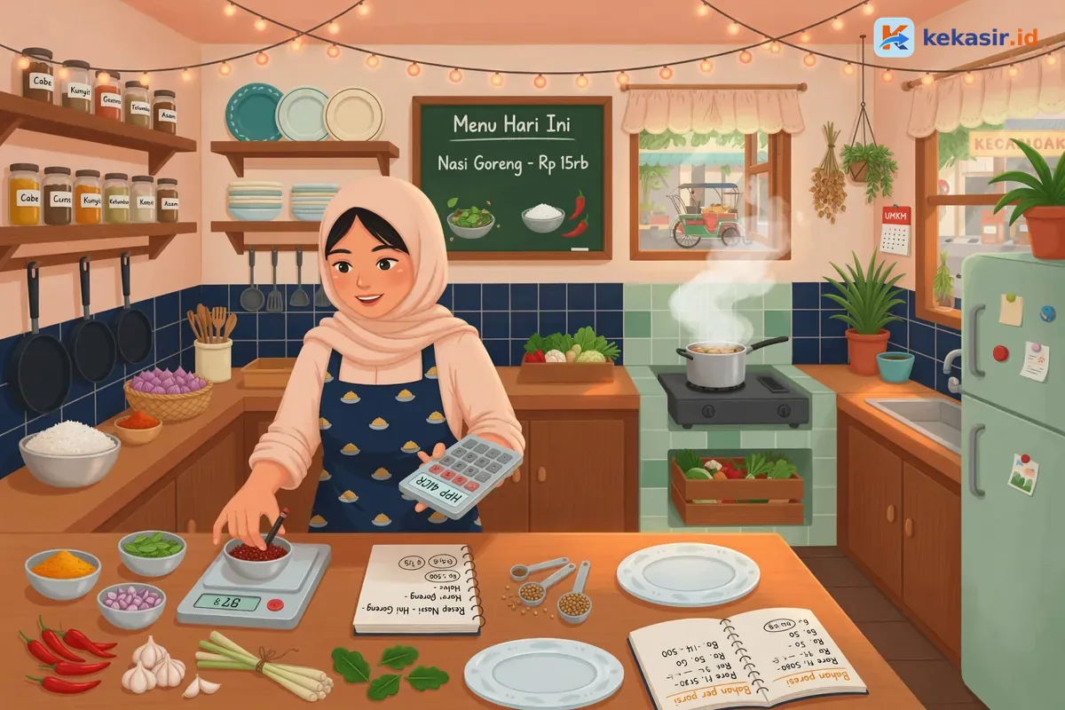 Ilustrasi pemilik warung menghitung bahan dan porsi menu di dapur kecil