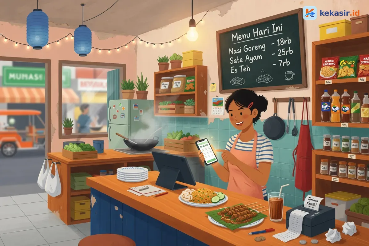 Ilustrasi kasir warung mencatat pesanan lewat aplikasi kasir di meja counter