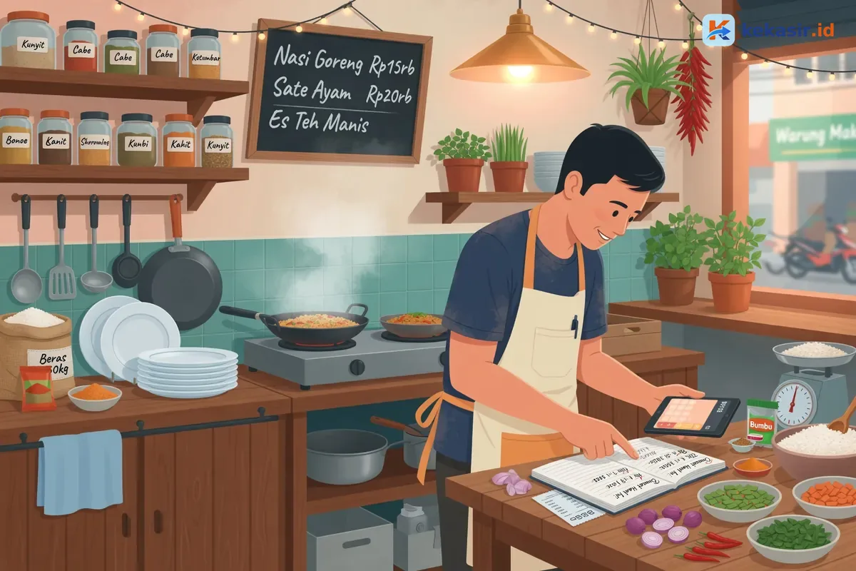 Ilustrasi pemilik gerobak kuliner di Batam menghitung omzet harian di meja kecil