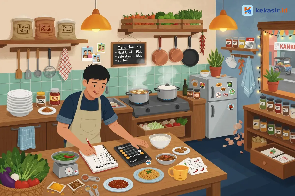 Ilustrasi pemilik usaha kuliner menyusun checklist dan resep standar di dapur