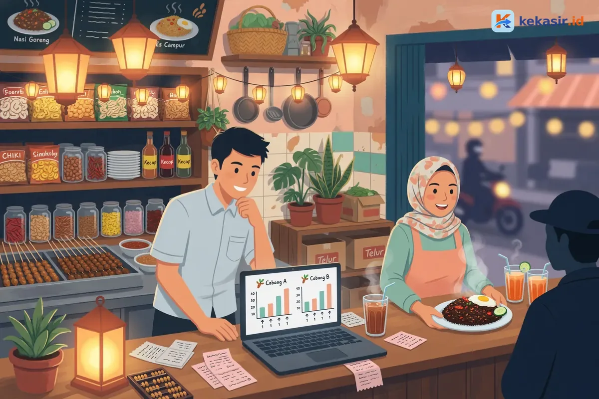 Ilustrasi pemilik restoran membandingkan laporan dua cabang di laptop sambil staf layani pelanggan