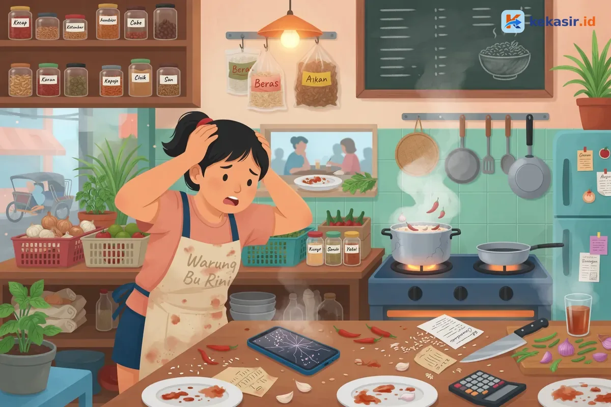 Ilustrasi pemilik warung panik melihat HP kasir retak di meja dapur