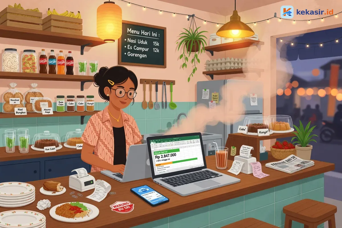 Ilustrasi pemilik cafe membuka laporan omzet di laptop sambil HP cadangan di samping