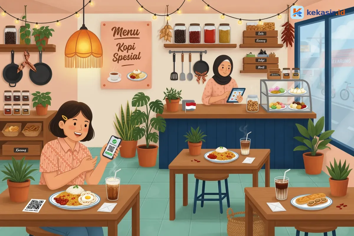 Ilustrasi pelanggan scan QR meja di kafe sementara kasir pantau order di tablet
