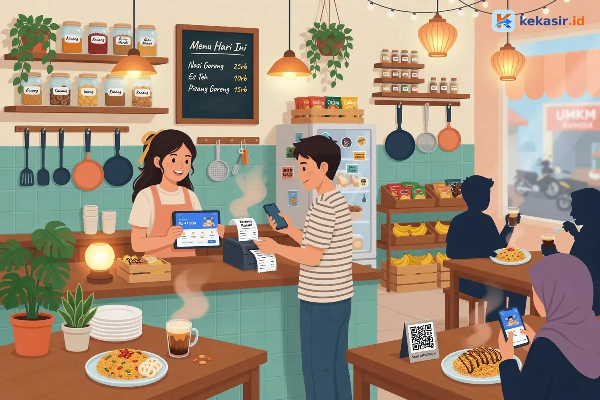 Kasir cafe mencetak struk dari aplikasi kasir sambil pelanggan menunggu di counter