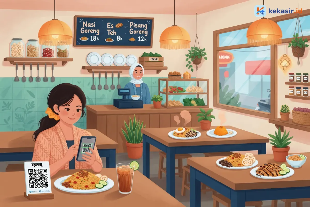 Pelanggan memindai kode QRIS di meja cafe dengan HP sambil menunggu pesanan