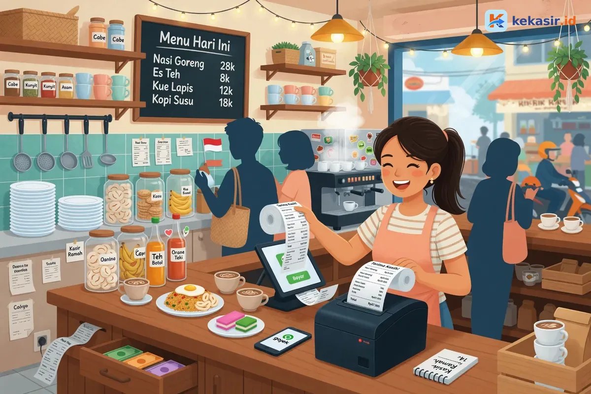 Ilustrasi staf kafe mencetak struk thermal di meja kasir saat jam ramai