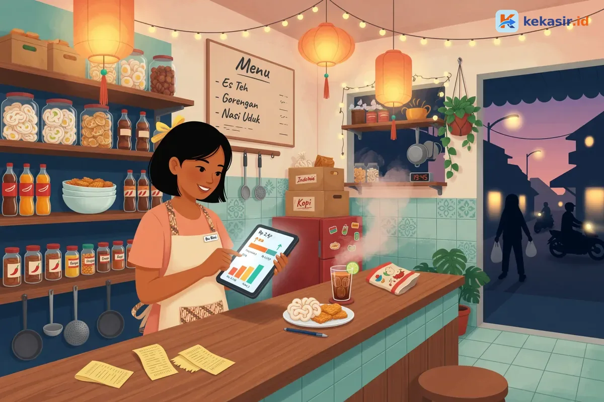 Ilustrasi manajer jaringan restoran sedang merekap laporan multi-cabang di laptop