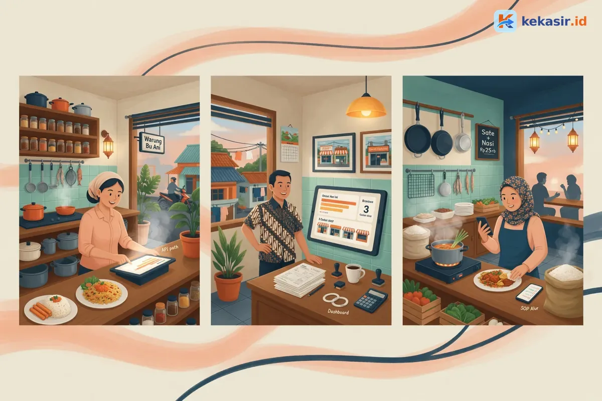 Ilustrasi tim IT sedang berdiskusi merancang alur integrasi sistem kasir multi-cabang