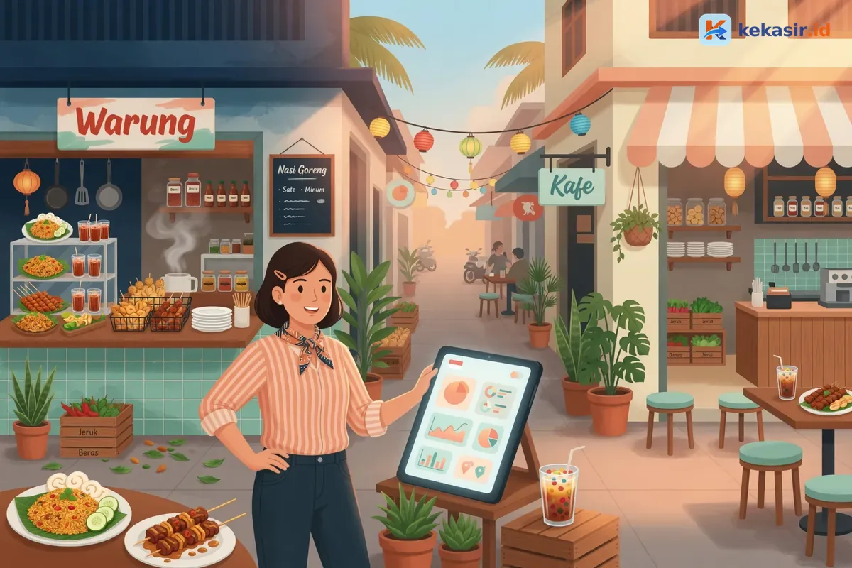 Ilustrasi pemilik usaha kuliner multi-cabang sedang memantau performa outlet dari layar besar