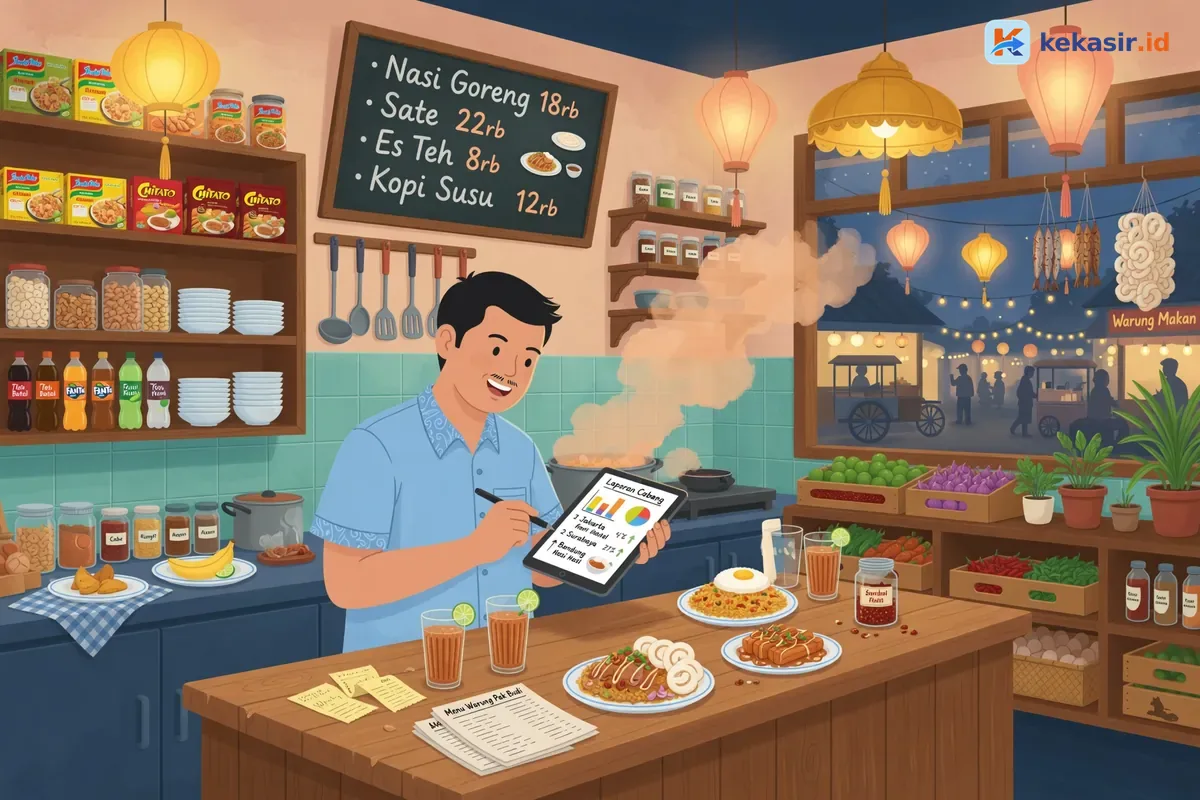 Ilustrasi pemilik usaha kuliner sedang memeriksa laporan penjualan multi-cabang di laptop