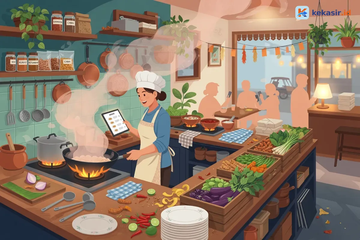 Suasana staf kasir dan dapur restoran sibuk mengelola pesanan saat ramai