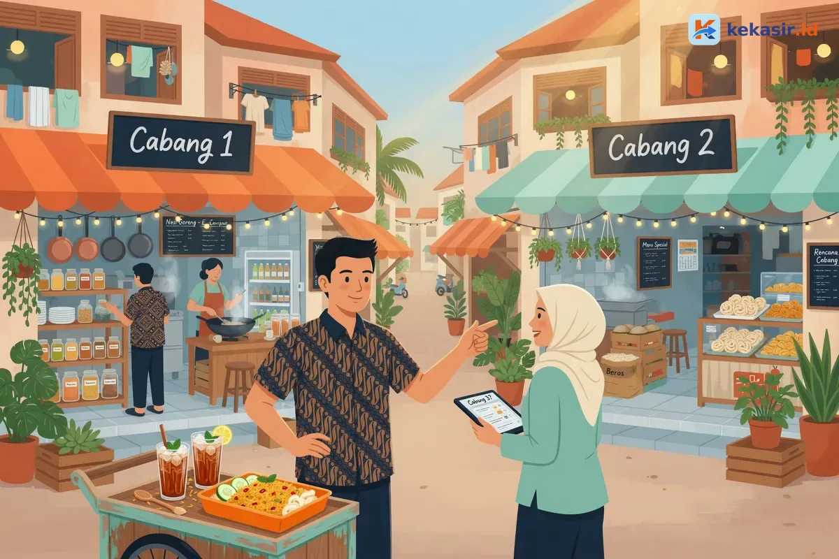 Ilustrasi pemilik usaha kuliner berdiskusi strategi ekspansi multi-cabang dengan tim