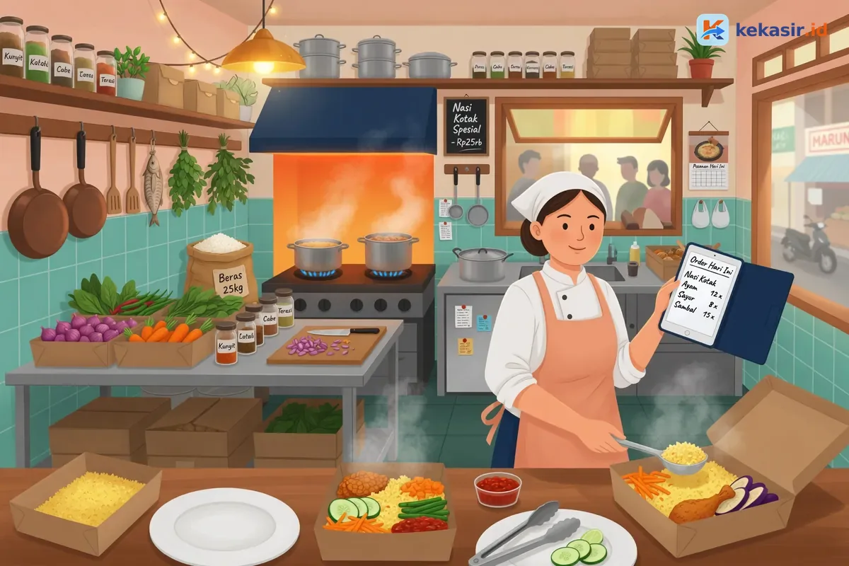 Tim dapur katering menyiapkan nasi kotak harian sesuai daftar order di tablet