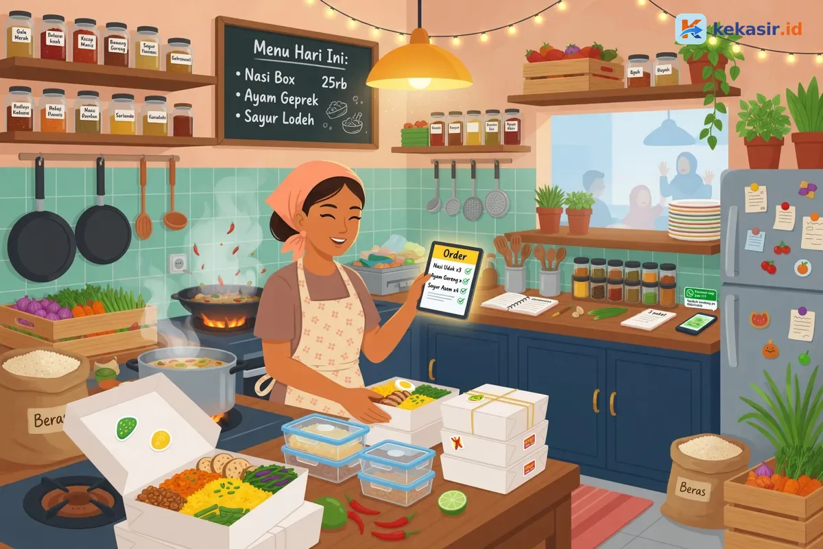 Ilustrasi pemilik katering rumahan mencatat pesanan di dapur sambil menata kotak makanan