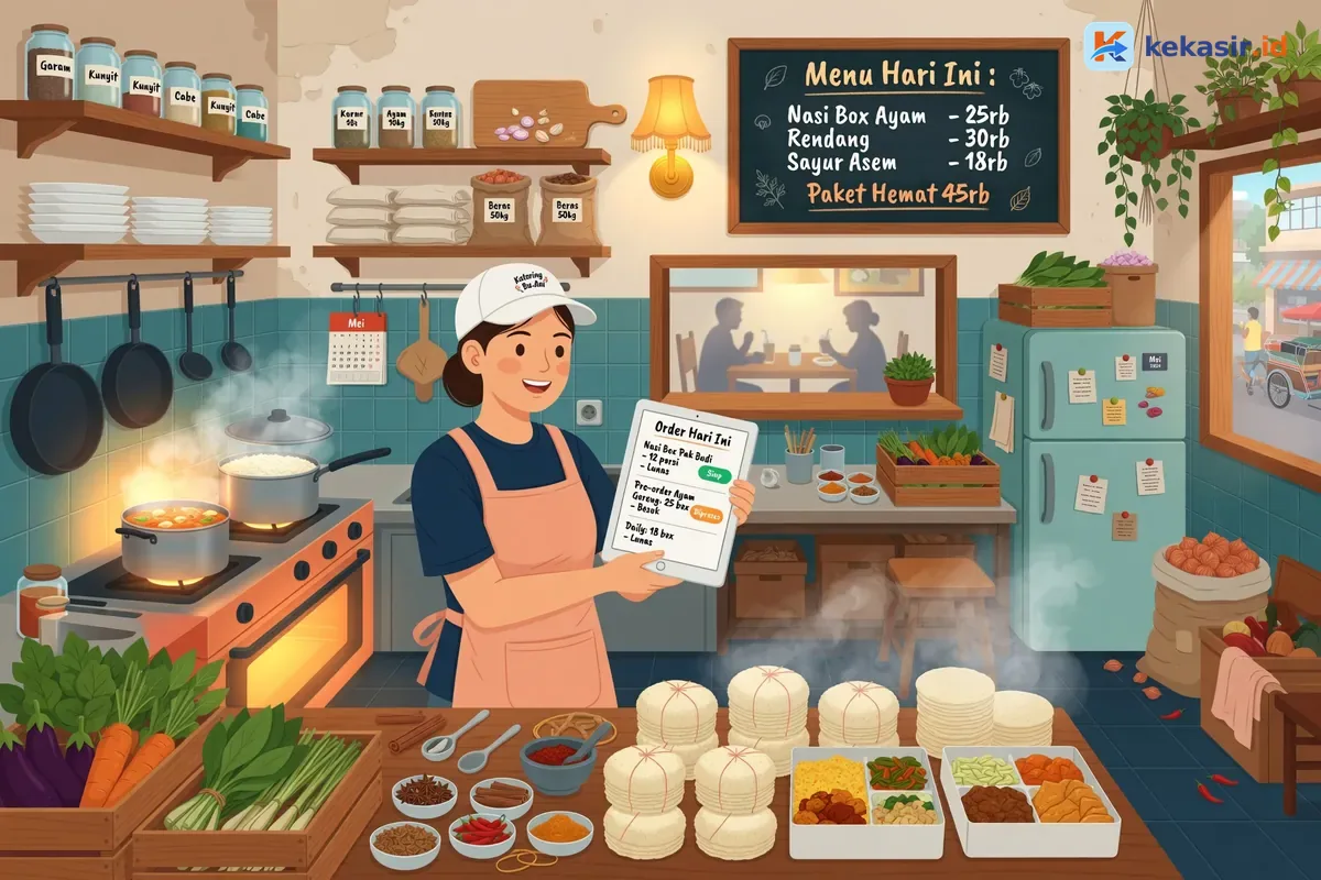 Ilustrasi dapur rumah katering dengan kotak nasi tertata dan tablet menampilkan daftar order
