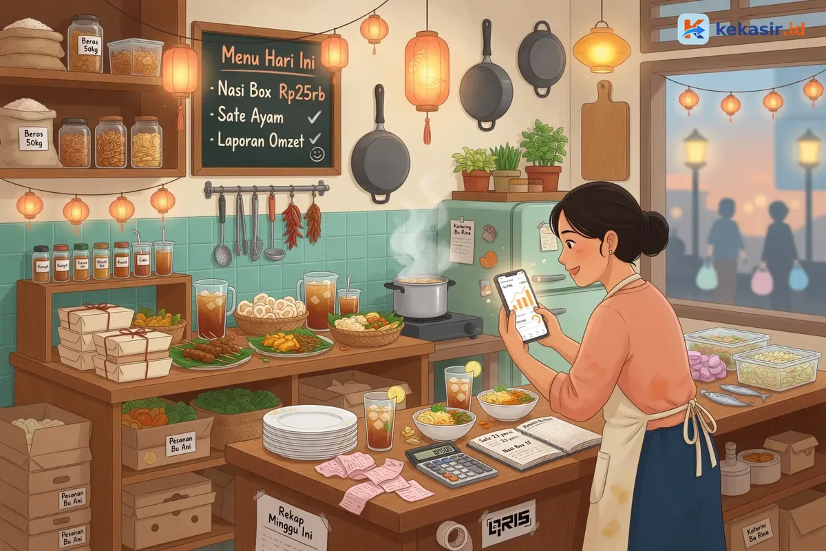 Ilustrasi pemilik usaha katering melihat rekap omzet di ponsel di meja dapur
