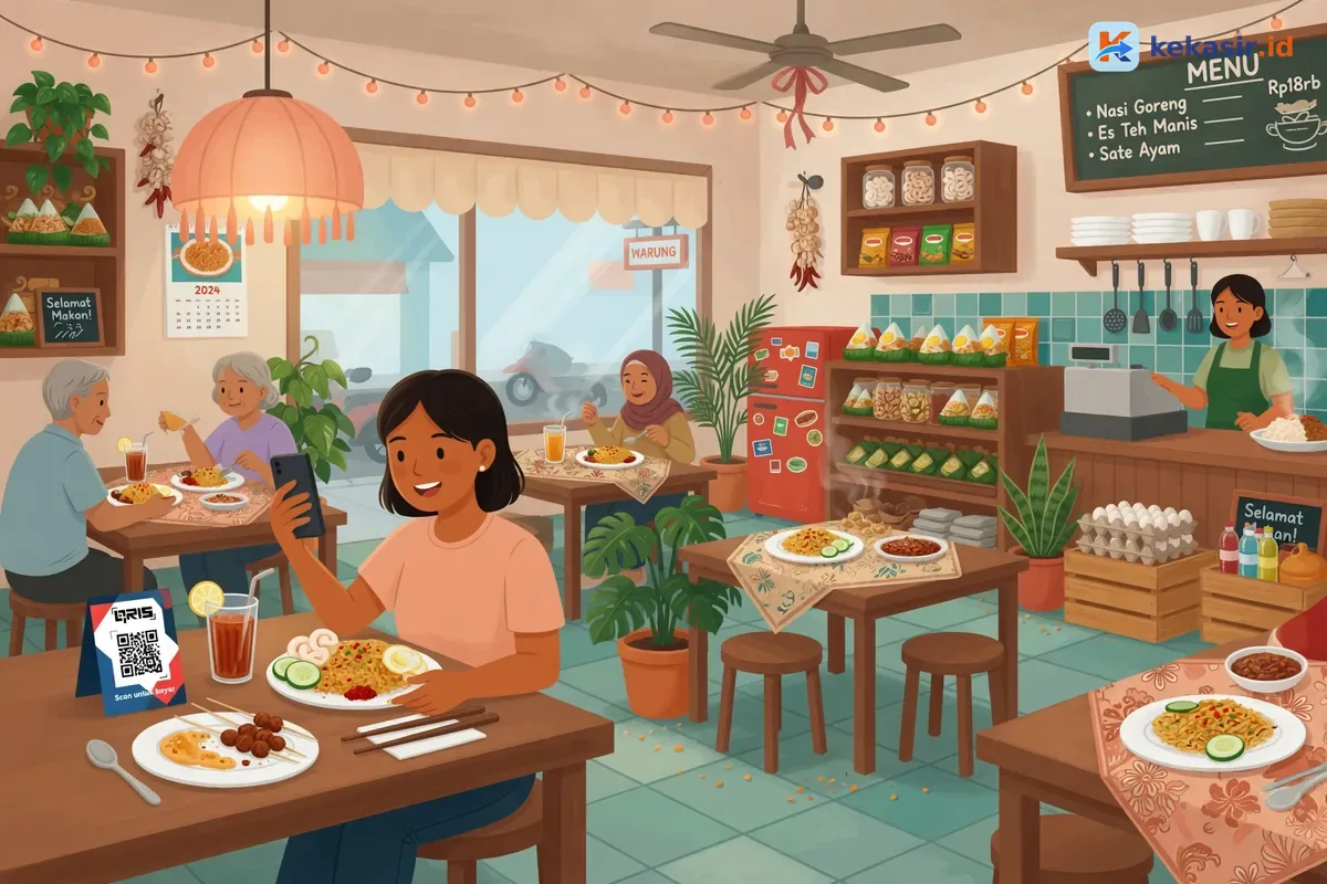Ilustrasi pelanggan memegang HP siap bayar QRIS di meja warung
