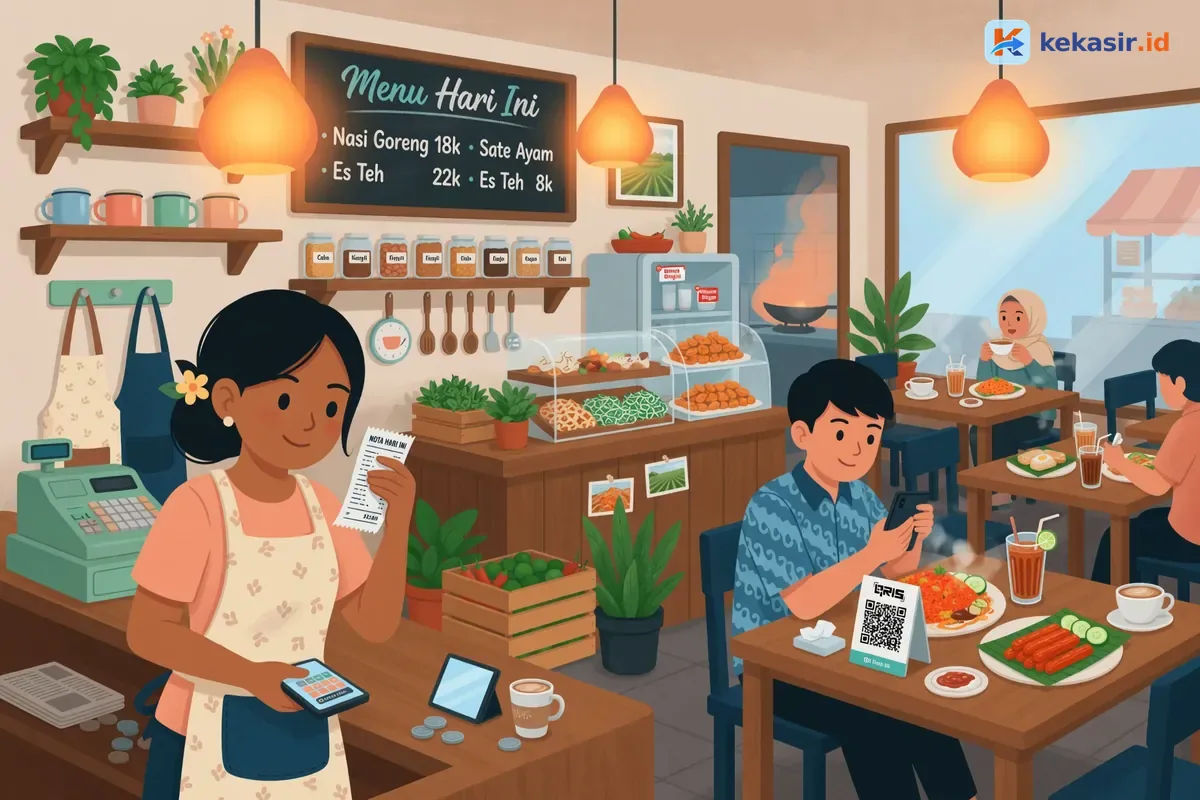 Suasana owner cafe membaca nota harian sambil cek HP di meja kasir