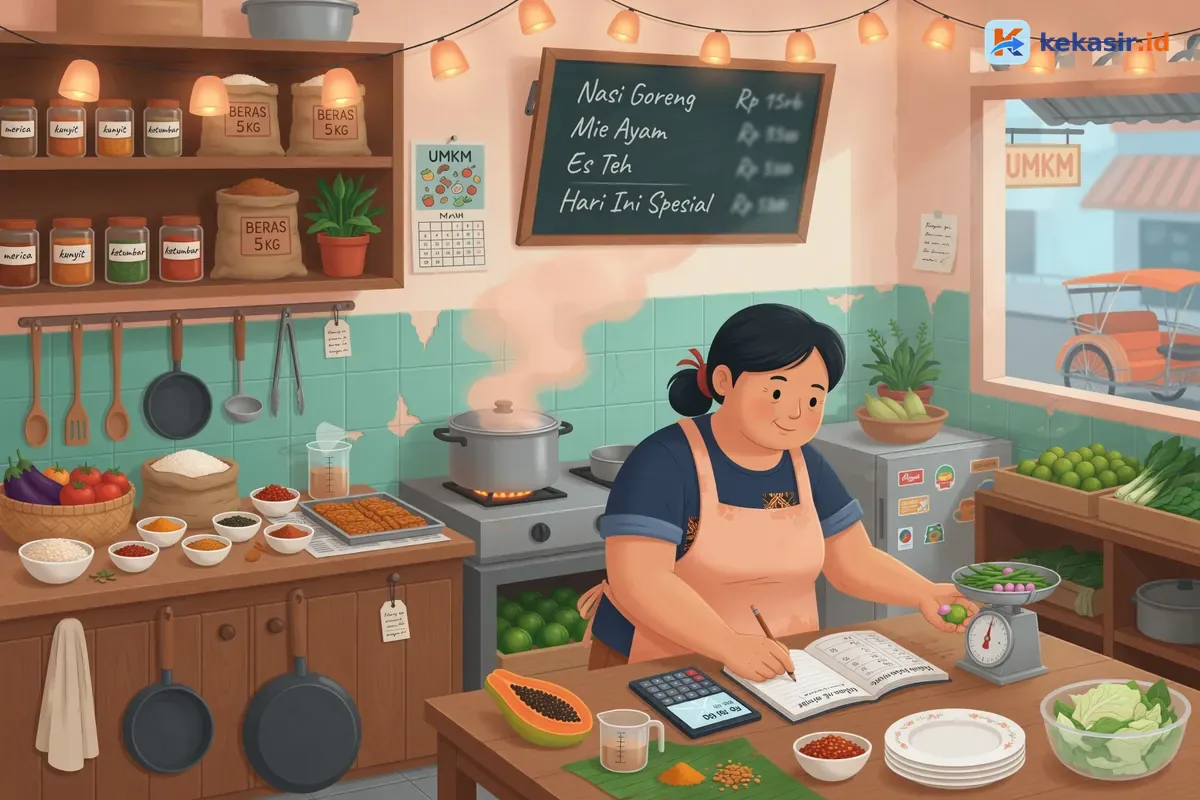 Ilustrasi pemilik warung menghitung bahan dan harga menu di dapur