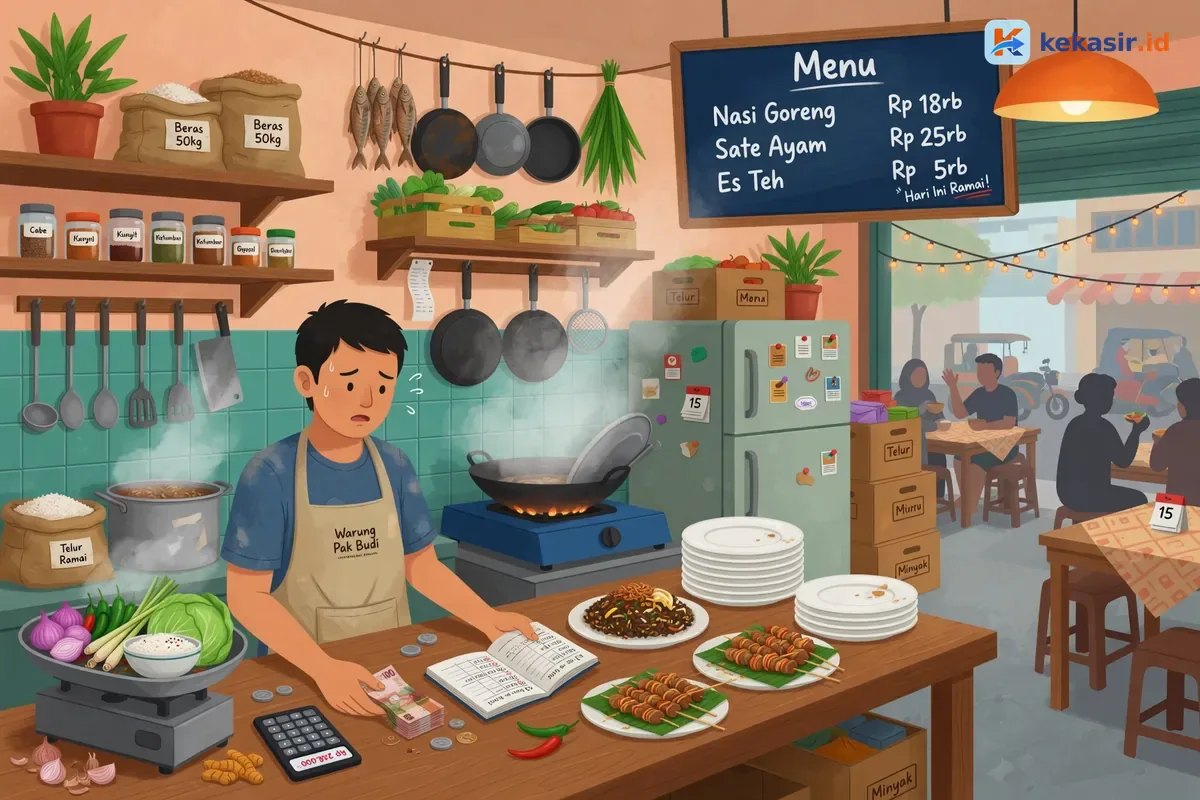 Ilustrasi warung makan ramai penuh pelanggan tapi pemilik tampak bingung hitung uang di meja kasir
