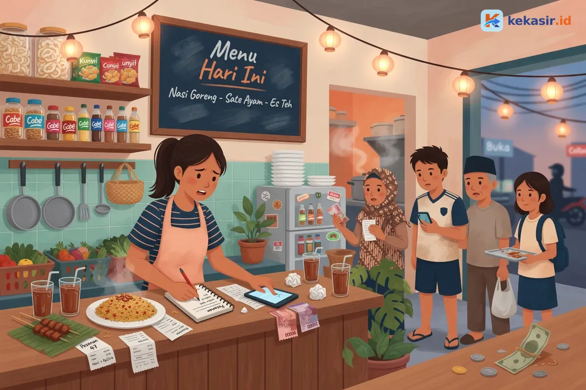 Ilustrasi kasir warung mencatat pesanan sambil antrean pelanggan menunggu di depan meja
