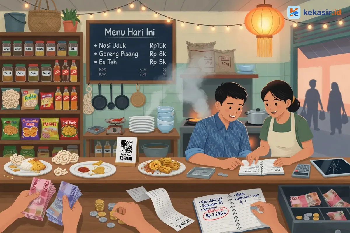 Ilustrasi pemilik warung dan kasir menghitung uang di akhir shift di meja kasir