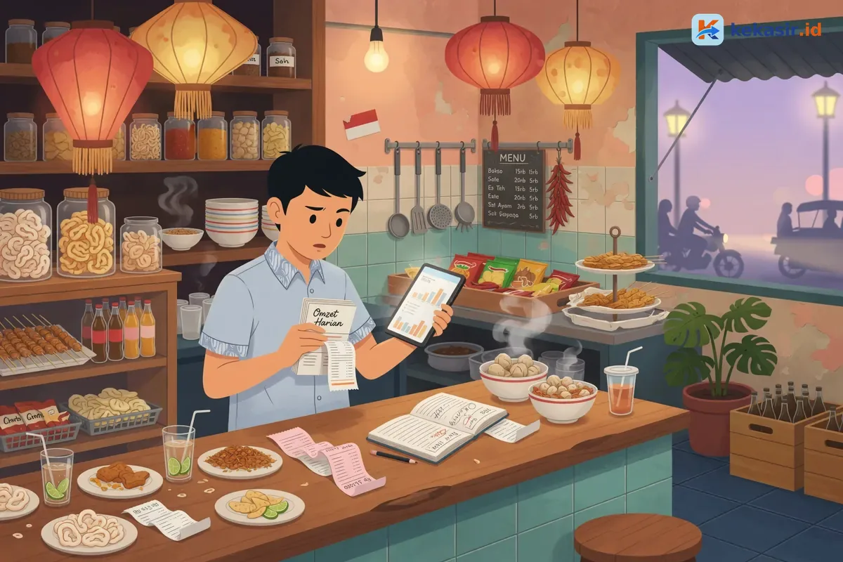 Ilustrasi pemilik warung memegang buku catatan omzet di meja kasir sambil memeriksa struk