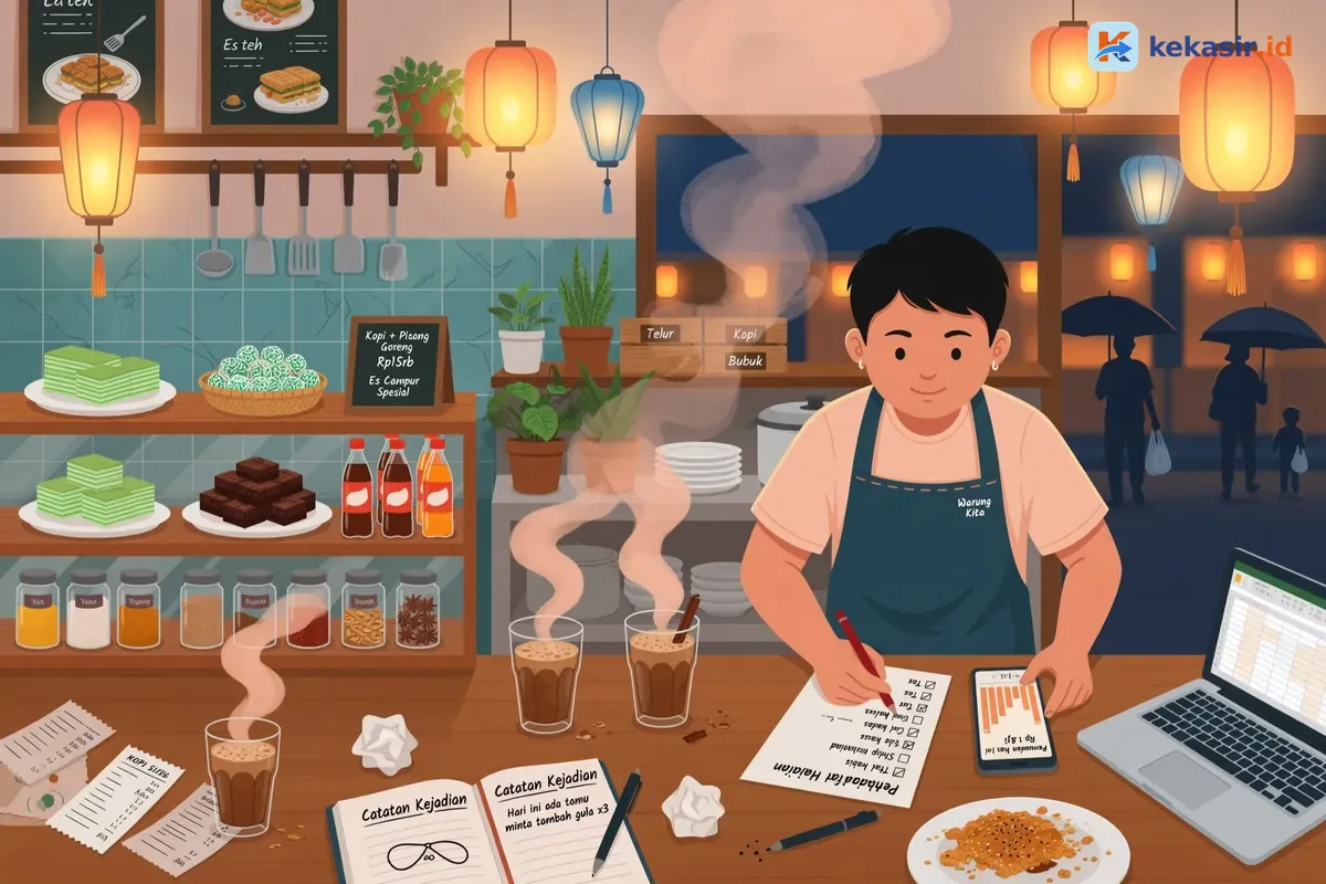Ilustrasi owner cafe mencentang checklist harian di samping laptop dan gelas kopi