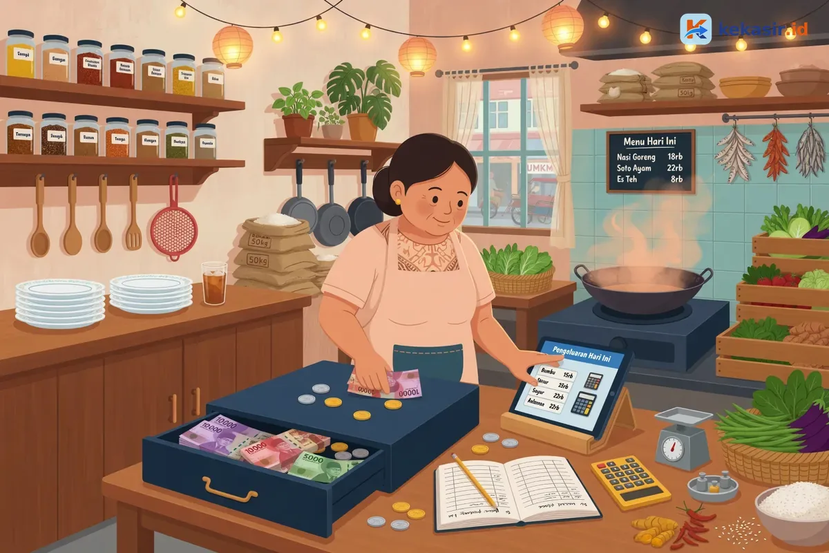 Ilustrasi kasir warung menghitung uang di laci sambil mencatat pengeluaran di aplikasi kasir tablet
