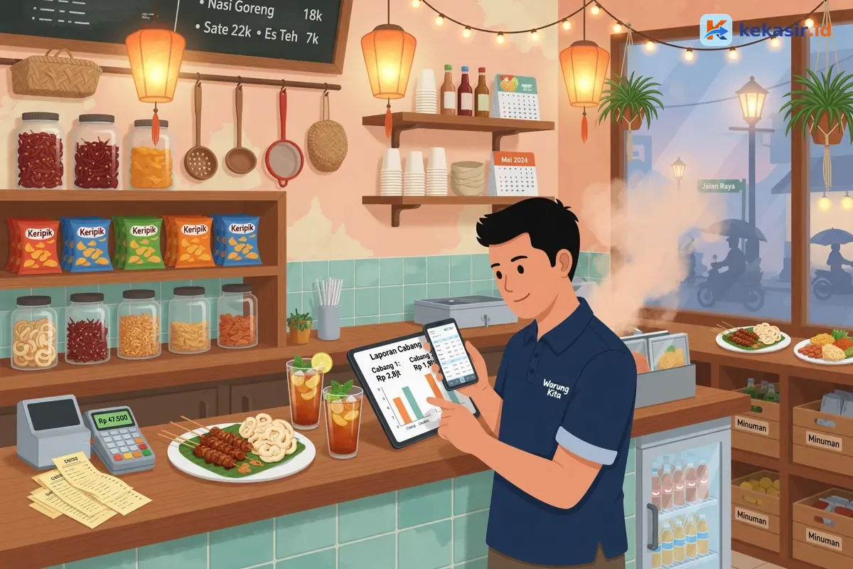 Ilustrasi pemilik rantai outlet membandingkan laporan beberapa cabang di meja kerja