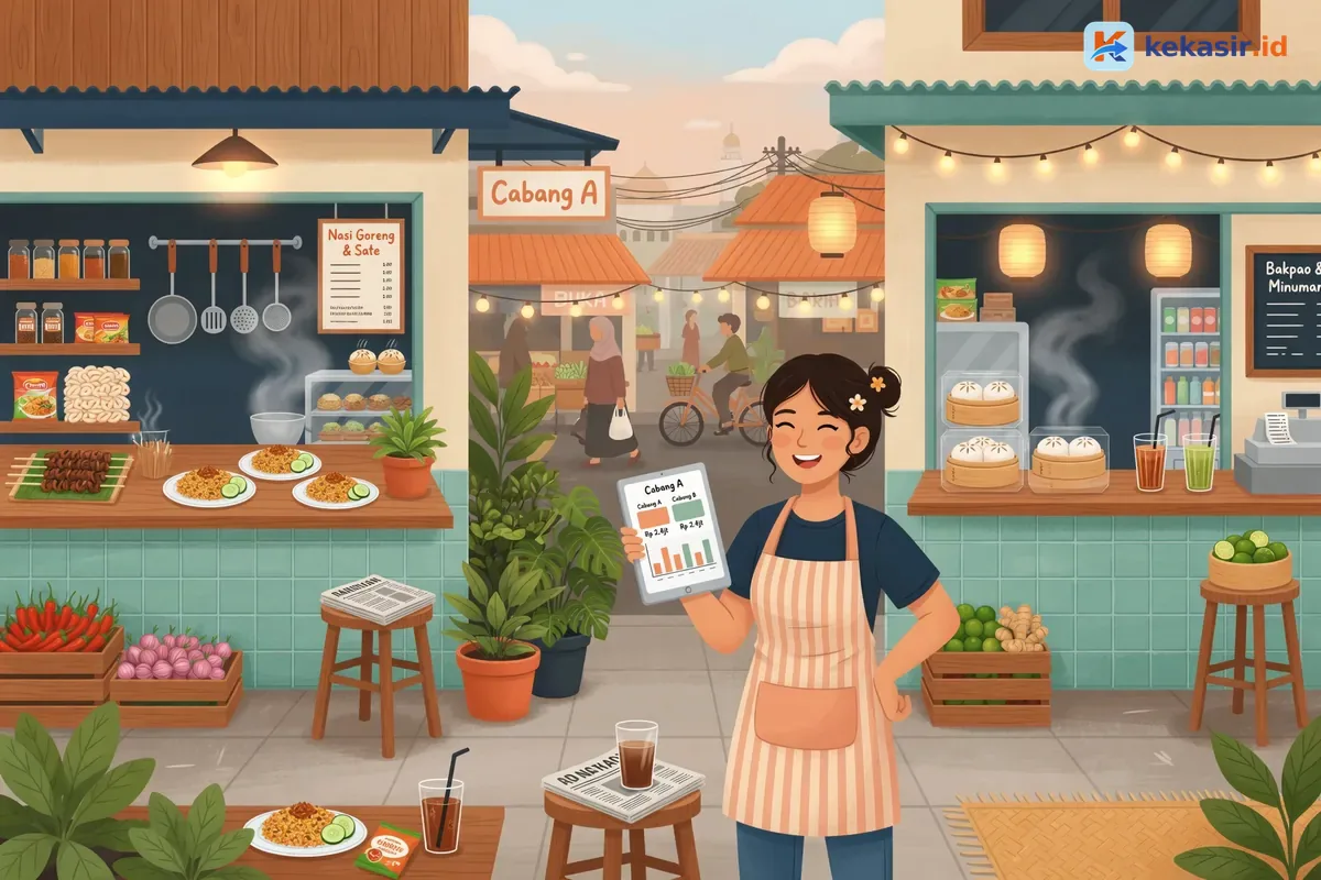 Tim kasir multi cabang melayani pelanggan dengan sistem kasir yang sama di beberapa outlet