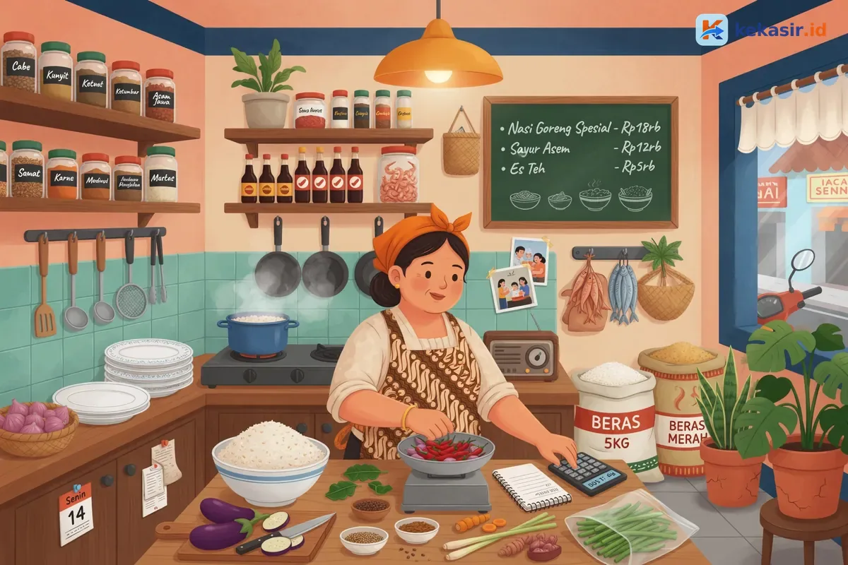Ilustrasi pemilik warung menghitung bahan dan nota di dapur