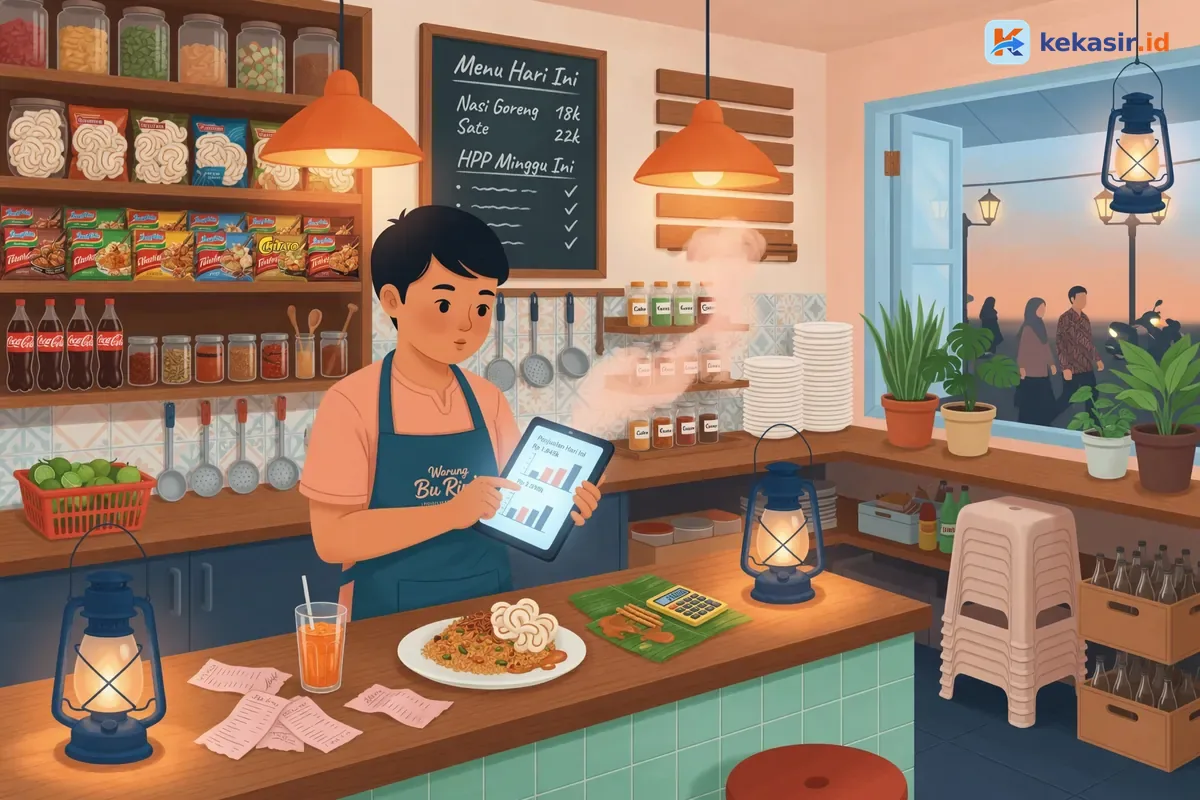 Ilustrasi owner restoran cek laporan penjualan di tablet