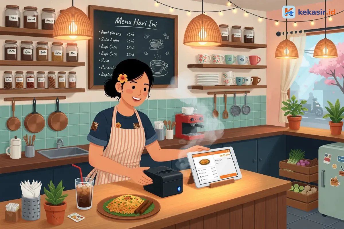 Staf cafe memasangkan printer thermal Bluetooth ke tablet kasir di meja counter