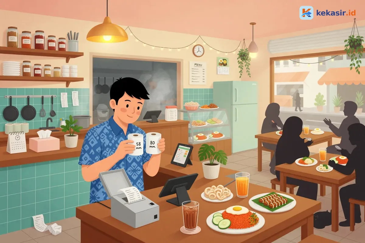 Pemilik restoran membandingkan roll kertas 58 mm dan 80 mm di meja kasir