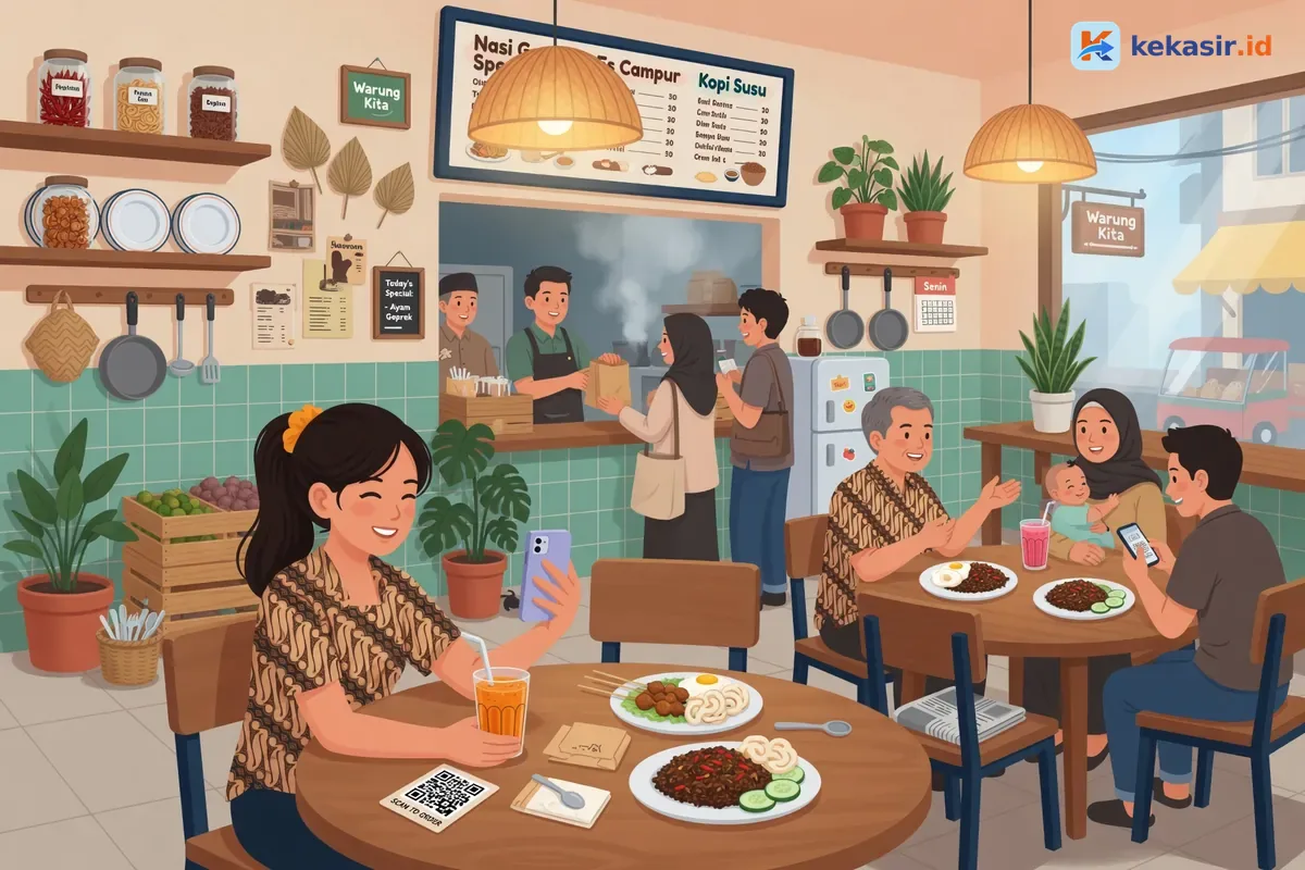 Ilustrasi pelanggan menunggu di depan kasir cafe yang padat