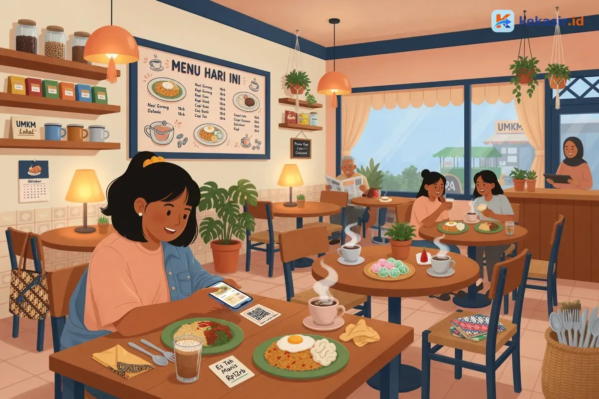Suasana pelanggan scan QR meja untuk memesan menu di kafe