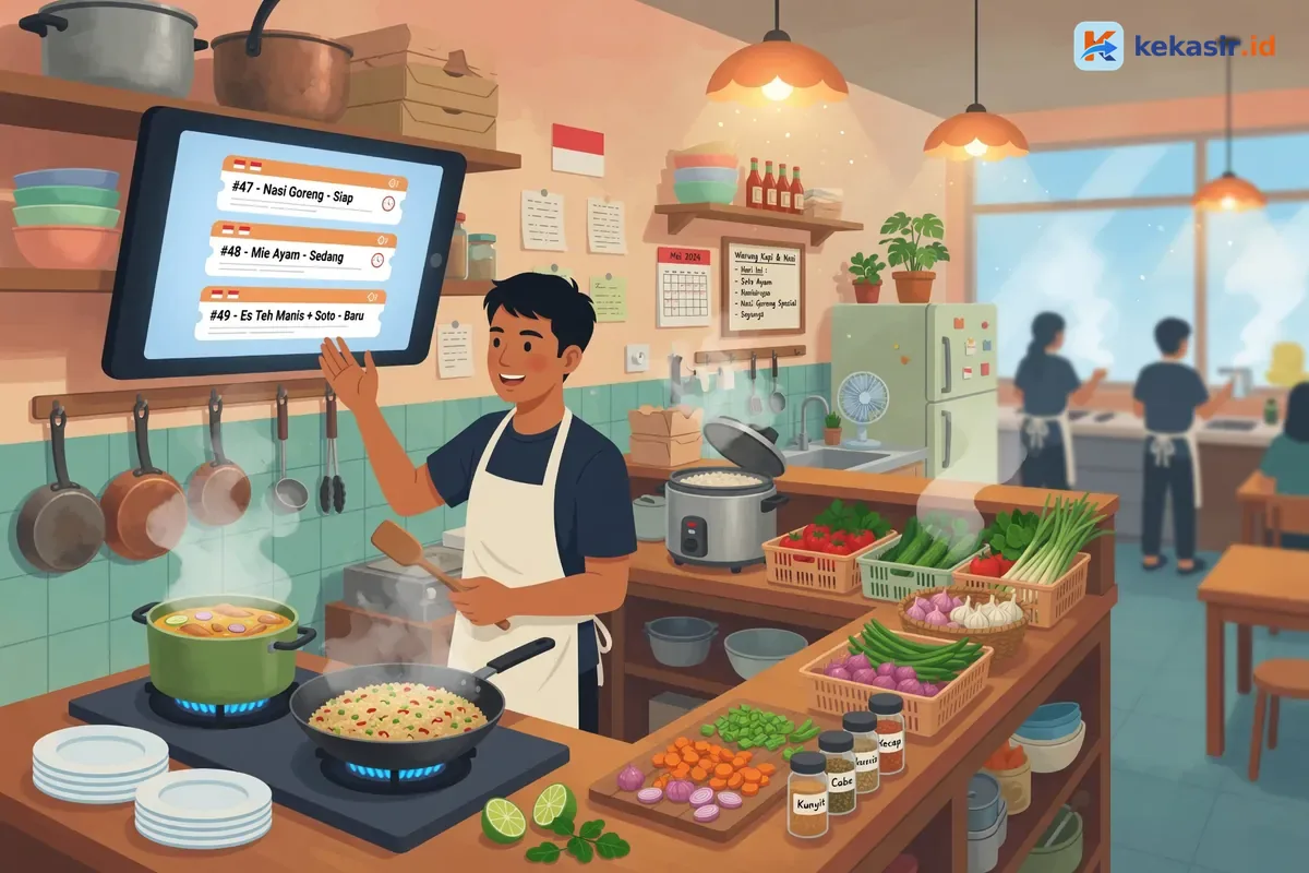 Layar KDS di dapur menampilkan tiket pesanan dari kasir