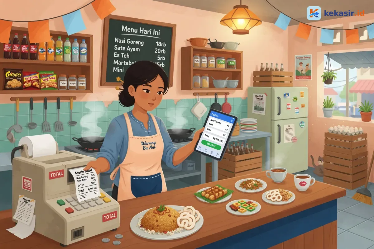 Pemilik warung membandingkan struk dari mesin kasir lama dengan aplikasi di tablet